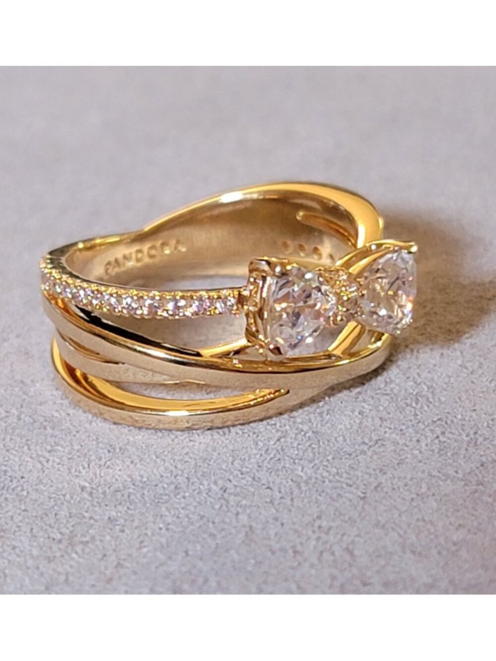 Pandora Sparkling Bow & Crossover Band Ring 14K Gold Plated Size 7 - Picture 8 of 9